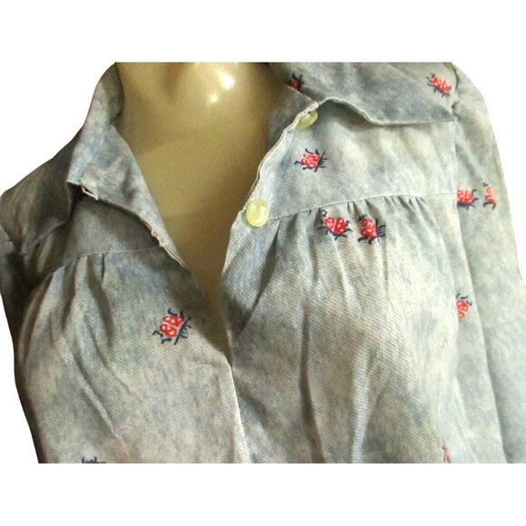 Vintage 1970s Womens Ladybug Shrt Medium Blue Pullover Moo-Moo Hippy Top Printed - Picture 6 of 7